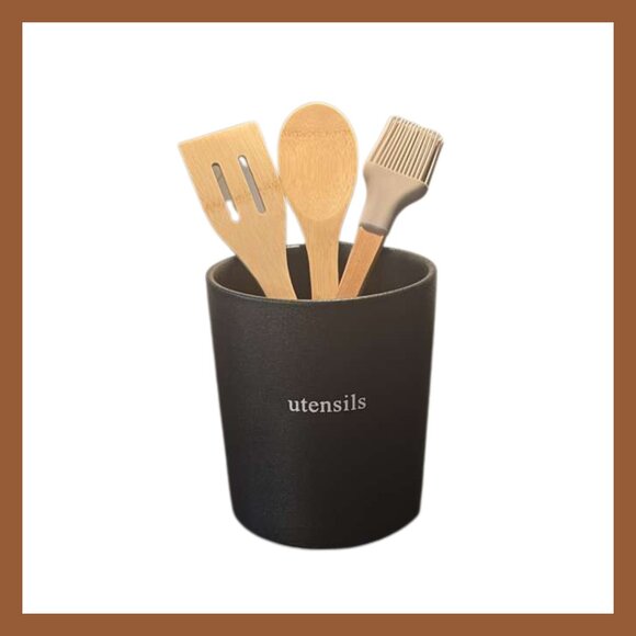 UTENSILS Black Ceramic Crock Holder Modern Farmhouse Kitchen Organizer 7" - Picture 1 of 2